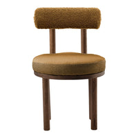 Brown cushioned chair with a textured, cozy seat and backrest, featuring wooden legs for a modern look.