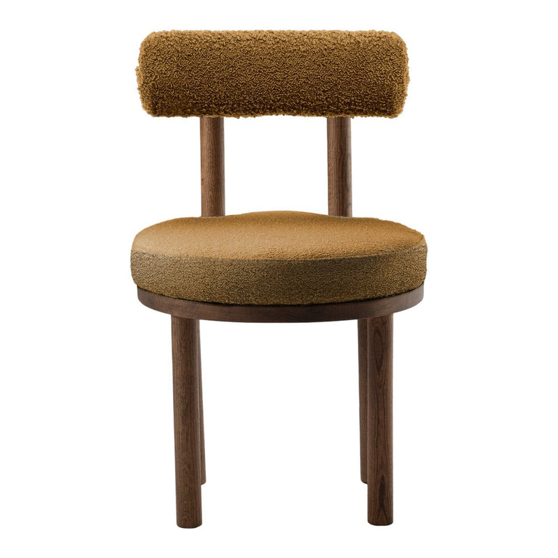 Brown cushioned chair with a textured, cozy seat and backrest, featuring wooden legs for a modern look.