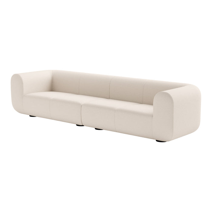 Modern white couch with a minimalist design, featuring smooth curves and a sleek, solid color upholstery.