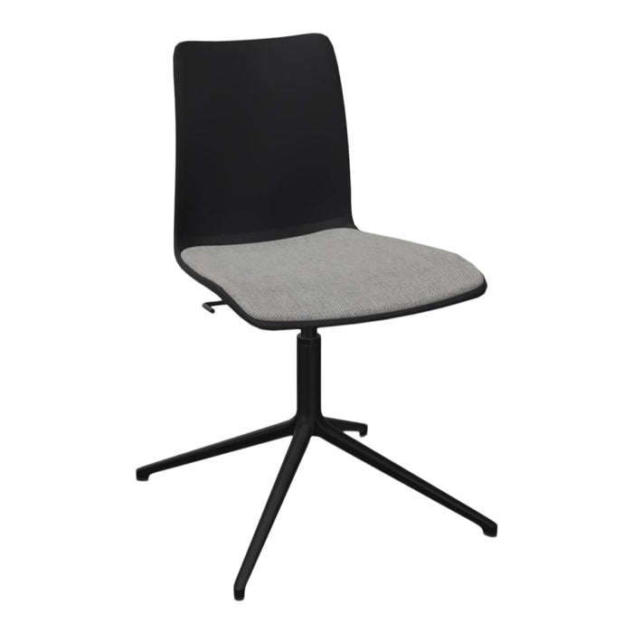 Modern black chair with a sleek design and gray upholstered seat. Perfect for contemporary decor.