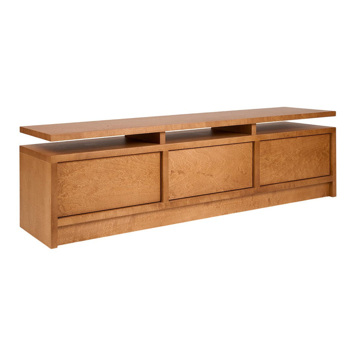 Light wood TV stand with a smooth, natural finish and minimalist design featuring three spacious drawers.