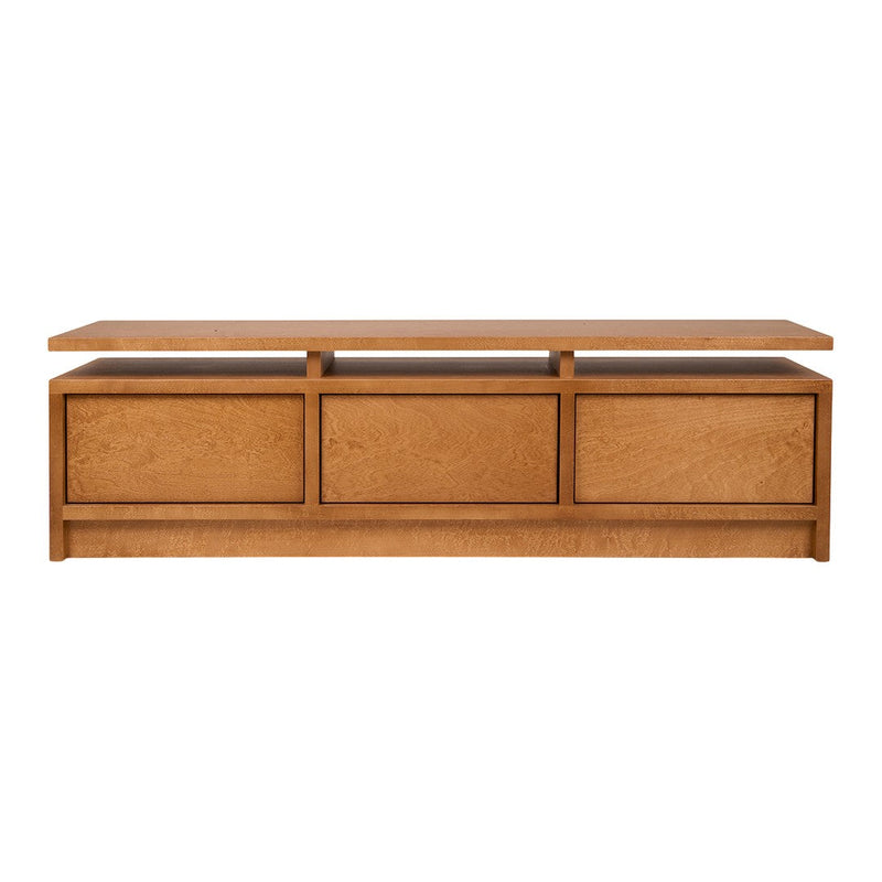 Natural oak wood TV stand with a smooth, minimalist design, featuring light brown hues and clean lines.