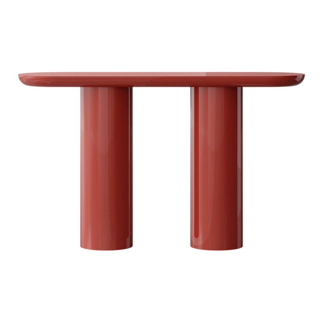 Red modern table with a glossy finish and minimalist design featuring two cylindrical legs. Perfect for contemporary decor.
