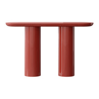 Red modern table with a glossy finish and minimalist design featuring two cylindrical legs. Perfect for contemporary decor.