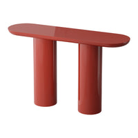 Red glossy console table with a sleek, modern design and cylindrical legs, perfect for contemporary decor.