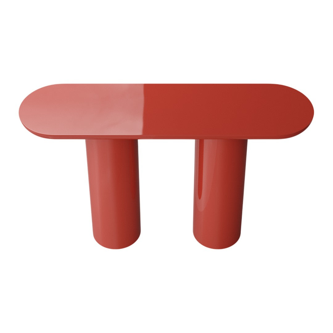Glossy red console table with simple, modern design and smooth, rounded edges. Stylish and vibrant accent piece.