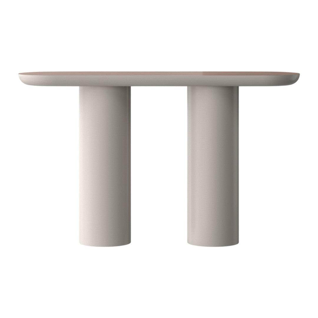 Light beige console table with a smooth top and cylindrical legs, featuring soft, modern lines.