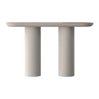 Light beige console table with a smooth top and cylindrical legs, featuring soft, modern lines.