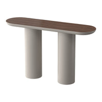 Stylish console table featuring a smooth walnut top and modern beige cylindrical legs, perfect for contemporary decor.