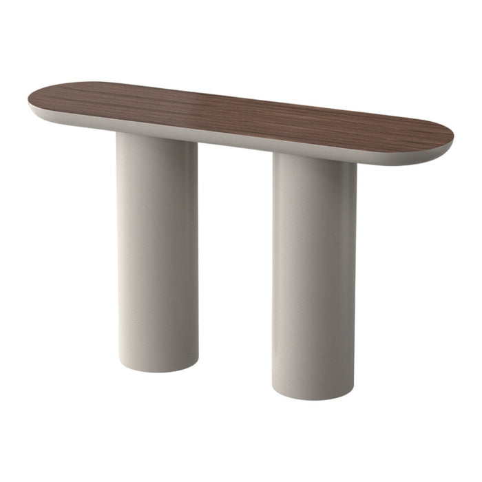 Stylish console table featuring a smooth walnut top and modern beige cylindrical legs, perfect for contemporary decor.