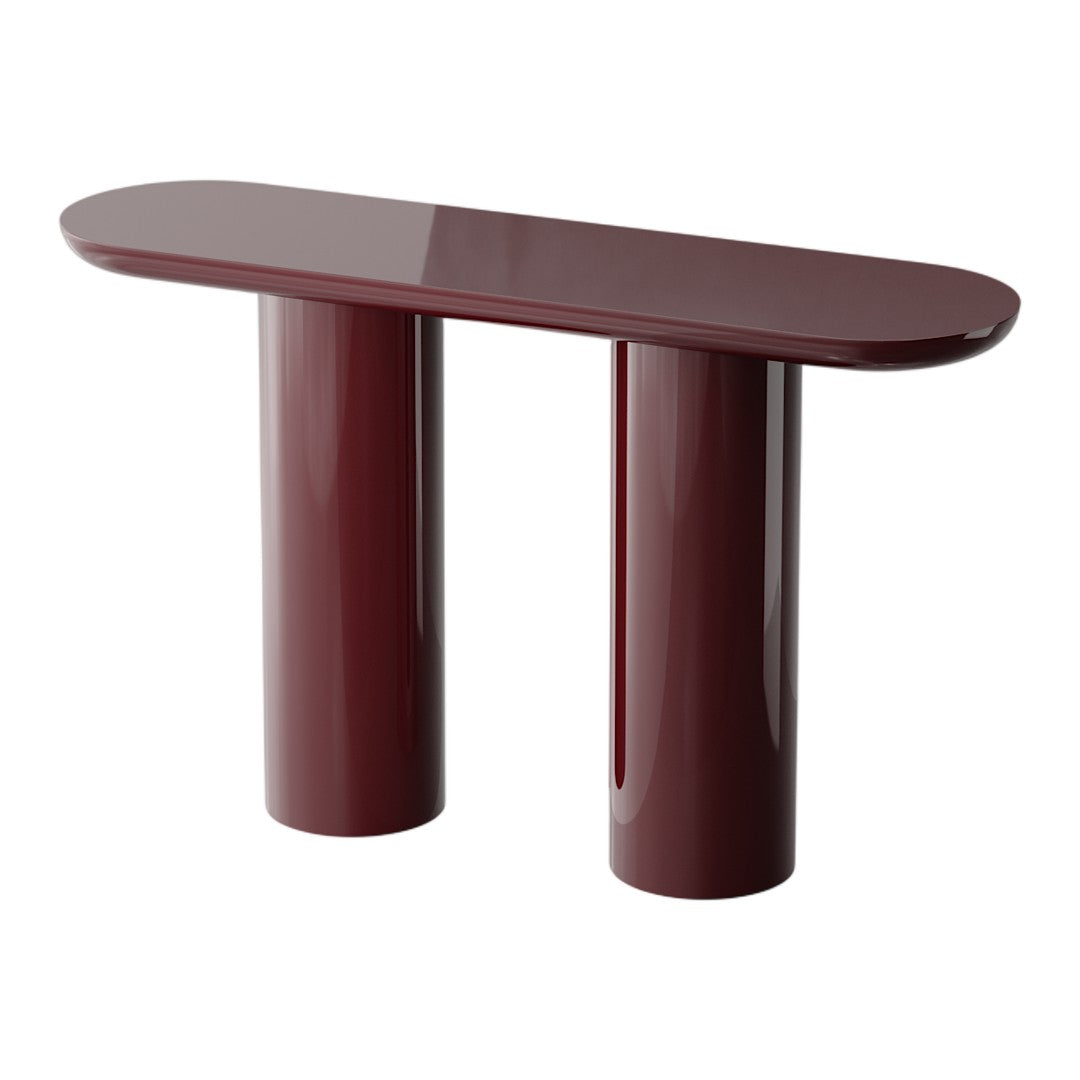 Glossy burgundy console table with curved top and cylindrical legs, showcasing a modern and sophisticated design.