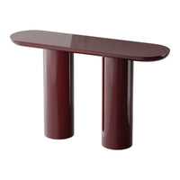 Glossy burgundy console table with curved top and cylindrical legs, showcasing a modern and sophisticated design.