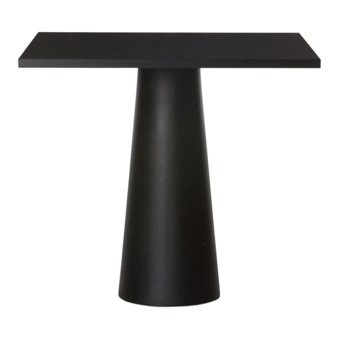 Black minimalist table with a smooth surface and conical base, emphasizing a modern, sophisticated design.