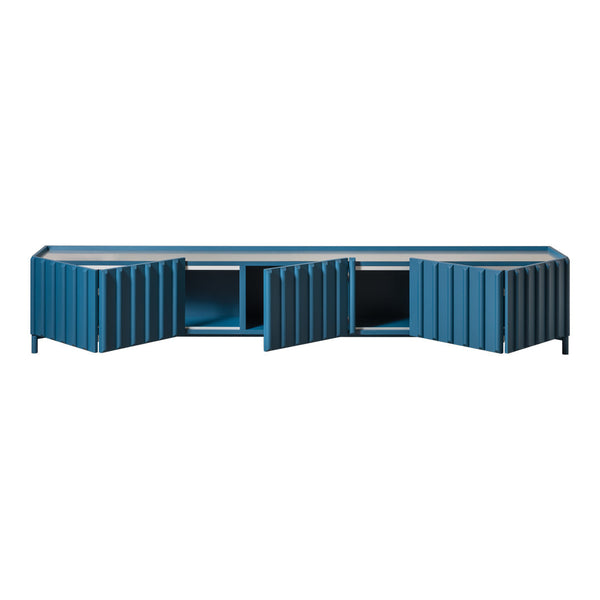 Blue corrugated storage cabinet with sleek lines and modern design, featuring multiple open and closed compartments.