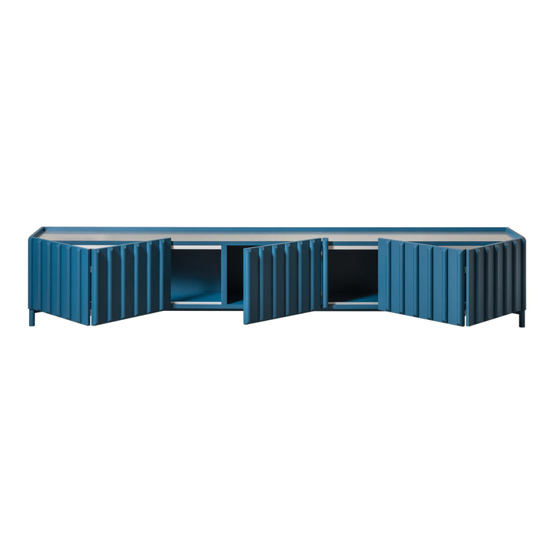 Blue corrugated storage cabinet with sleek lines and modern design, featuring multiple open and closed compartments.