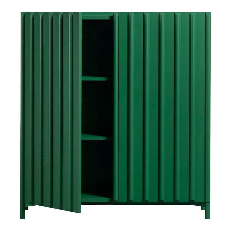 Green striped cabinet with a modern design, featuring vertical grooves and open shelving for stylish storage.
