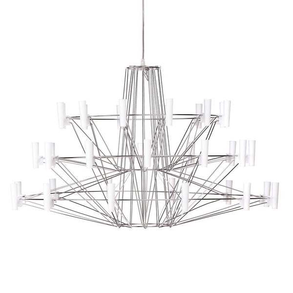 Modern geometric chandelier in silver finish with sleek lines and clear glass accents. Ideal for contemporary spaces.