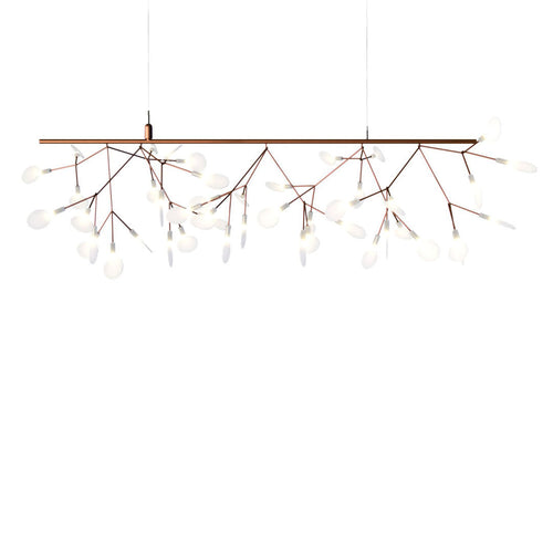 "Modern pendant light with a copper finish and white glass bulb accents, featuring a branch-like design."