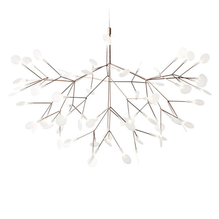 Elegant bronze chandelier with white floral patterns, featuring a unique branch-like design. Perfect for modern decor.