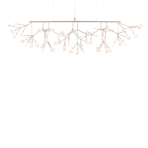 Rose gold chandelier featuring delicate branch-like design with white floral accents against a bright white background.