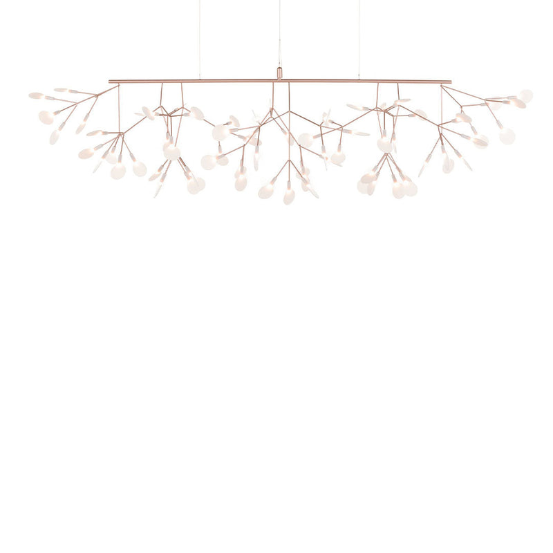 Rose gold chandelier featuring delicate branch-like design with white floral accents against a bright white background.