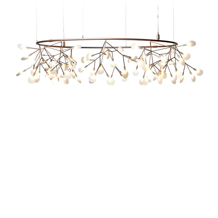 Metallic bronze chandelier with delicate white glass droplets mimicking floral branches in a modern design.