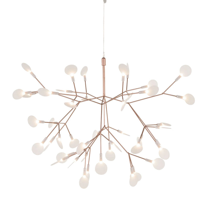Modern chandelier with rose gold branches and white circular shades, showcasing a unique branch-like pattern.