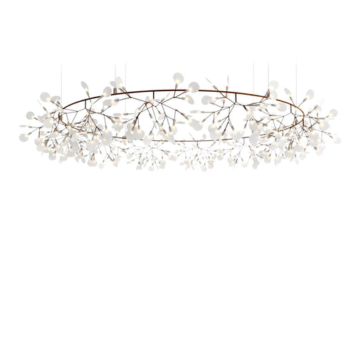 Elegant white floral chandelier with a whimsical branch design and polished gold accents, perfect for modern decor.
