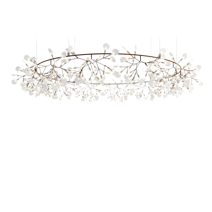 Elegant white floral chandelier with a whimsical branch design and polished gold accents, perfect for modern decor.