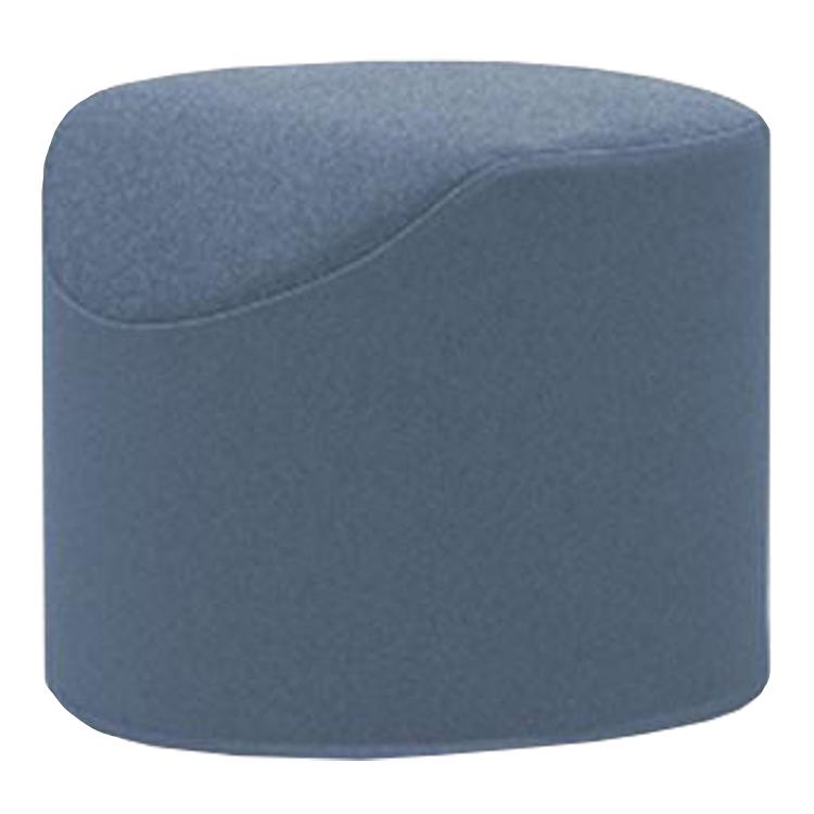 Blue upholstered pouf with a smooth, curved top and a minimalist design, perfect for modern decor.