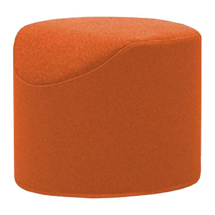 Round orange ottoman with a smooth, curved top and minimalist design, perfect for modern interiors.
