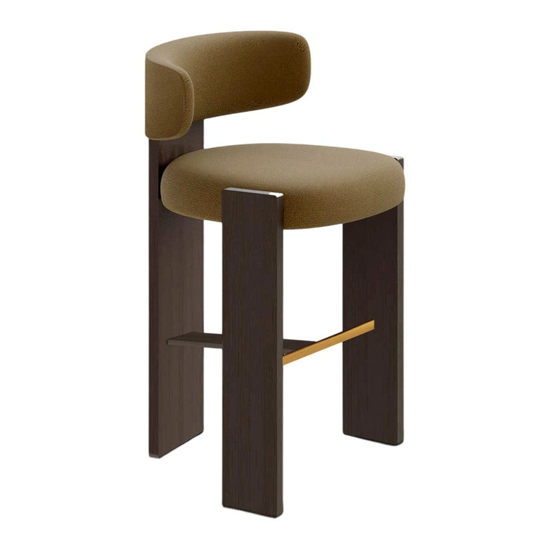 Brown upholstered stool with a sleek black frame and gold accent. Modern, minimalist design perfect for any space.