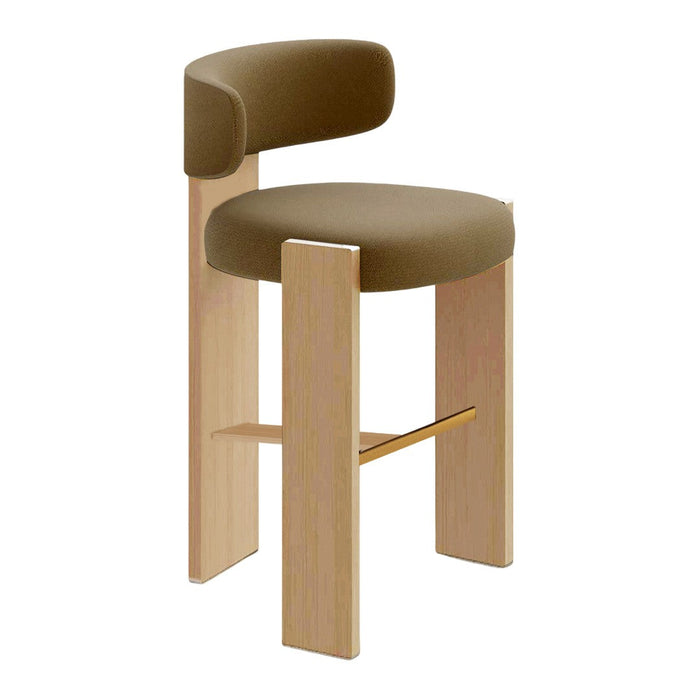 Modern bar stool with a soft olive green cushion and natural wood frame, featuring clean lines and minimal design.