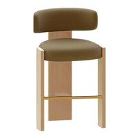 Brown upholstered bar stool with a minimalist design and light wooden legs, featuring a smooth, neutral finish.