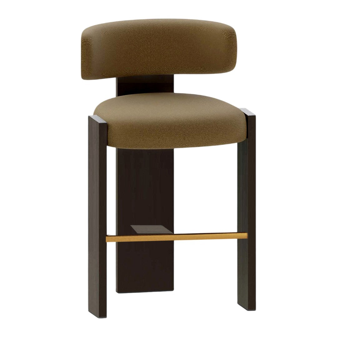 Brown upholstered bar stool with a sleek black frame and gold accents. Modern, minimalist design.