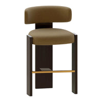 Brown upholstered stool with a curved back, featuring a sleek dark frame and a subtle gold accent. Perfect for modern decor.