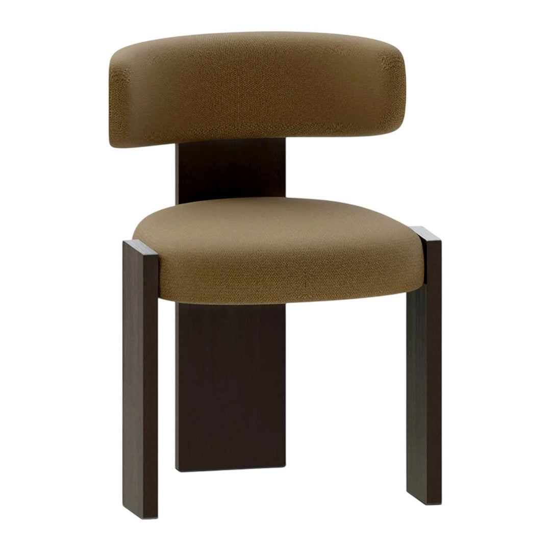 Brown upholstered chair with a curved backrest and black wooden legs, featuring a minimalist design.