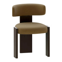 Brown upholstered chair with a curved backrest and black wooden legs, featuring a minimalist design.