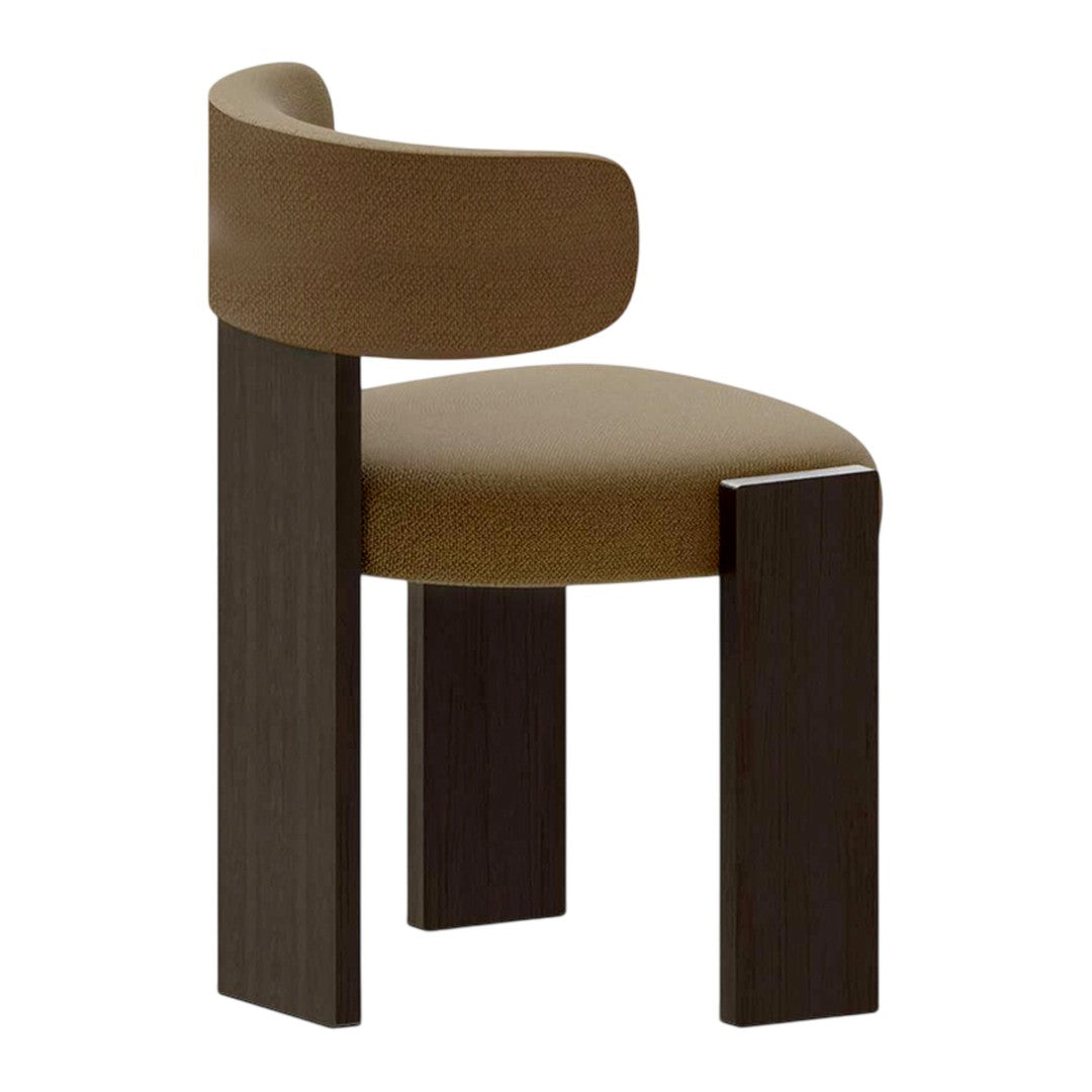 Brown upholstered chair with dark wood legs and minimalist design, featuring a curved back and geometric shapes.