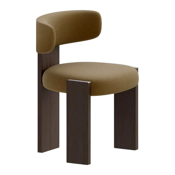 Brown upholstered chair with a curved backrest and dark wooden legs. Simple, modern design with soft textures.