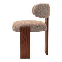 Brown textured upholstery with a minimalist wood frame, featuring a unique round backrest design.