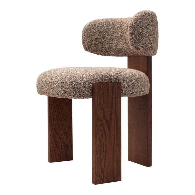 Beige textured upholstery with dark wood legs, featuring a unique curved back design. Modern and stylish accent chair.