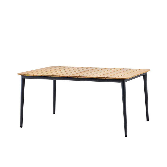 Rectangular outdoor table with a natural wood slatted top and sleek black metal legs. Ideal for modern aesthetics.