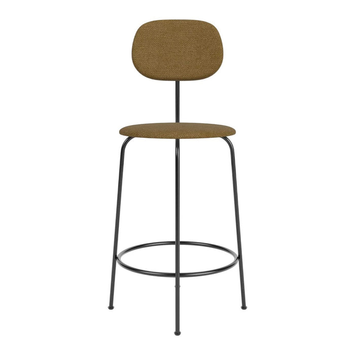 Brown upholstered bar stool with a sleek black metal frame, featuring a minimalist design and smooth, solid patterns.