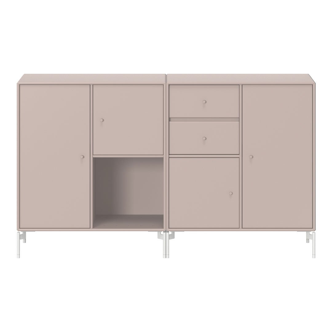Modern beige cabinet with smooth surfaces and minimalist design. Features various storage compartments in a soft hue.
