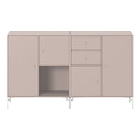 Modern beige cabinet with smooth surfaces and minimalist design. Features various storage compartments in a soft hue.