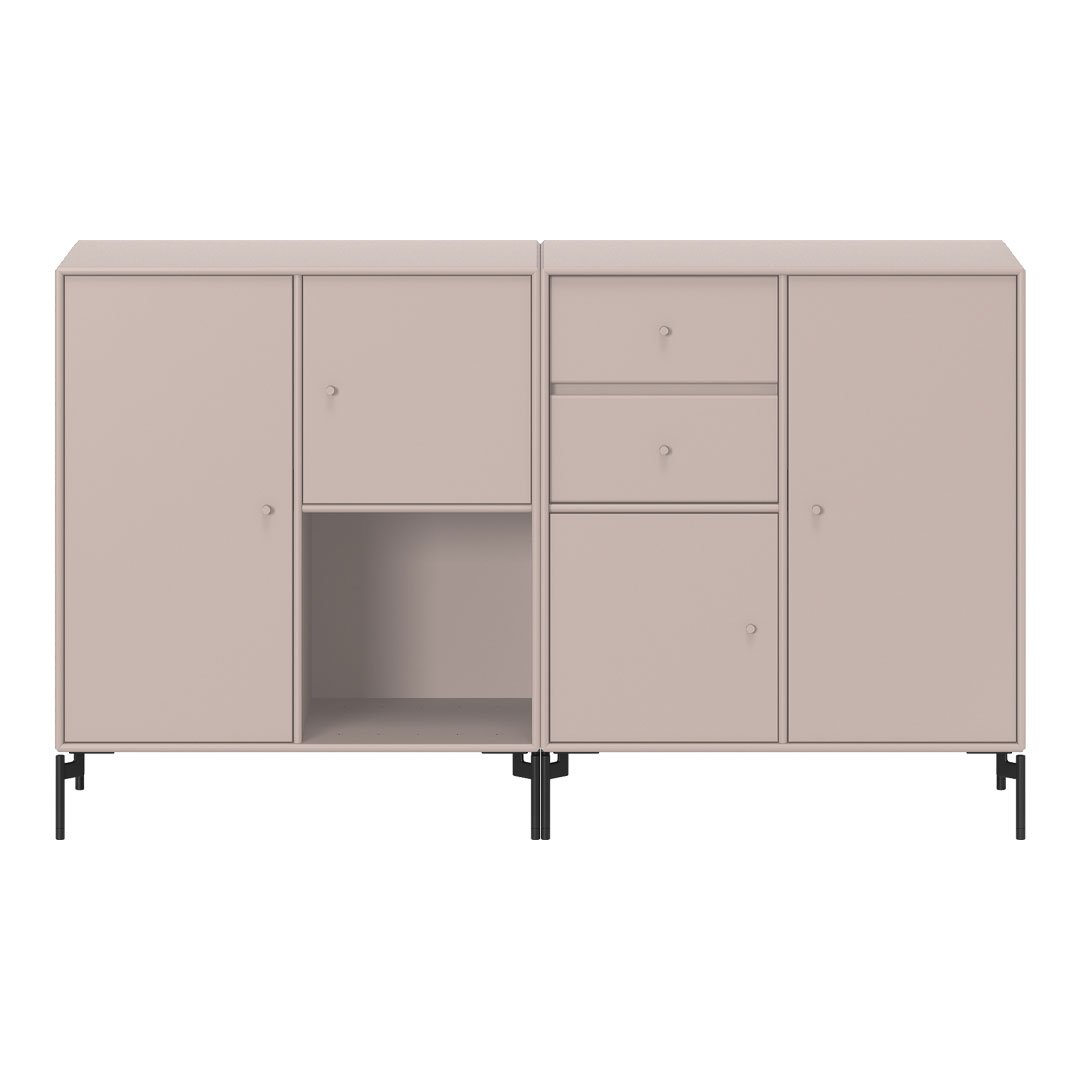 Minimalist beige cabinet with smooth surfaces, featuring various storage compartments and black legs. Perfect for modern decor.
