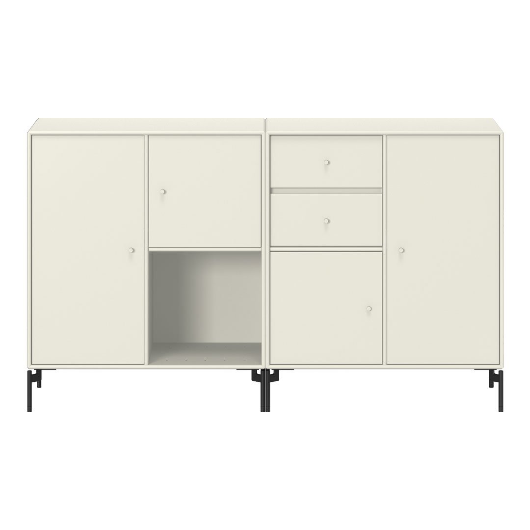 Neutral cream-colored cabinet with smooth surfaces and black metal legs, featuring minimalist design and soft lines.