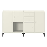 Neutral cream-colored cabinet with smooth surfaces and black metal legs, featuring minimalist design and soft lines.