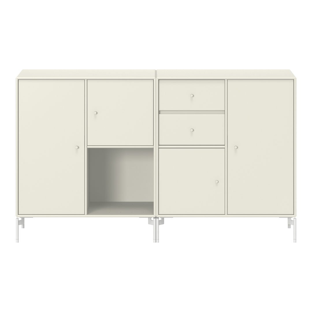 Cream-colored cabinet with a sleek, minimalist design featuring multiple doors and drawers, ideal for modern decor.